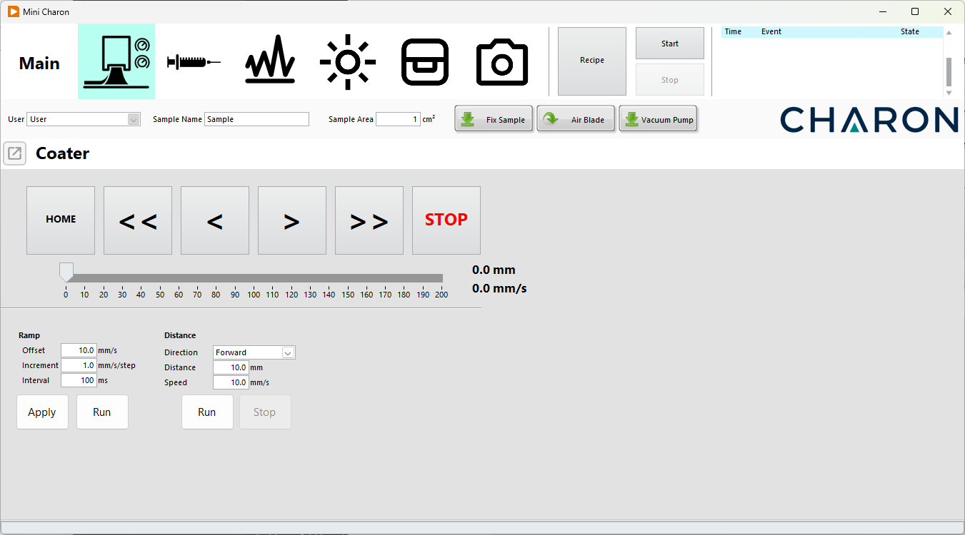 Charon Blade Coater interface